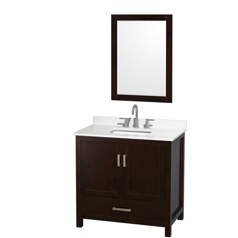 Ensemble de meuble-lavabo simple 36 po avec plateau en quartz et miroir 24 po Sheffield, Chrome, Brun, Quartz blanc