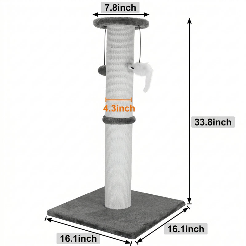 Grattoir robuste pour chat 34 pouces, corde de coton avec boule suspendue et souris, pour chats d'intérieur et adultes, gris