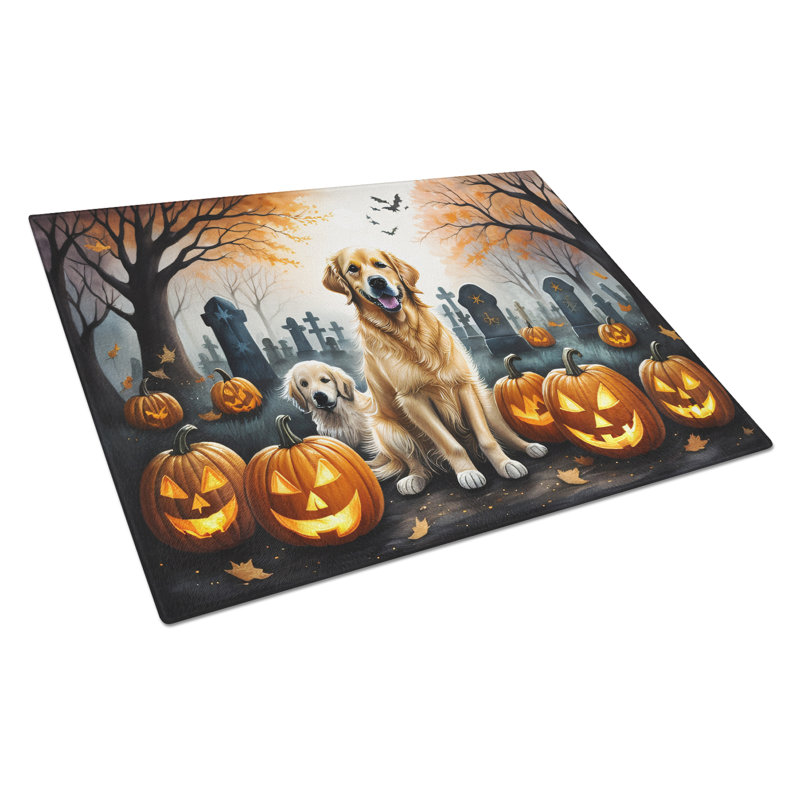 Golden Retriever Spooky Halloween Glass Cutting Board Large
