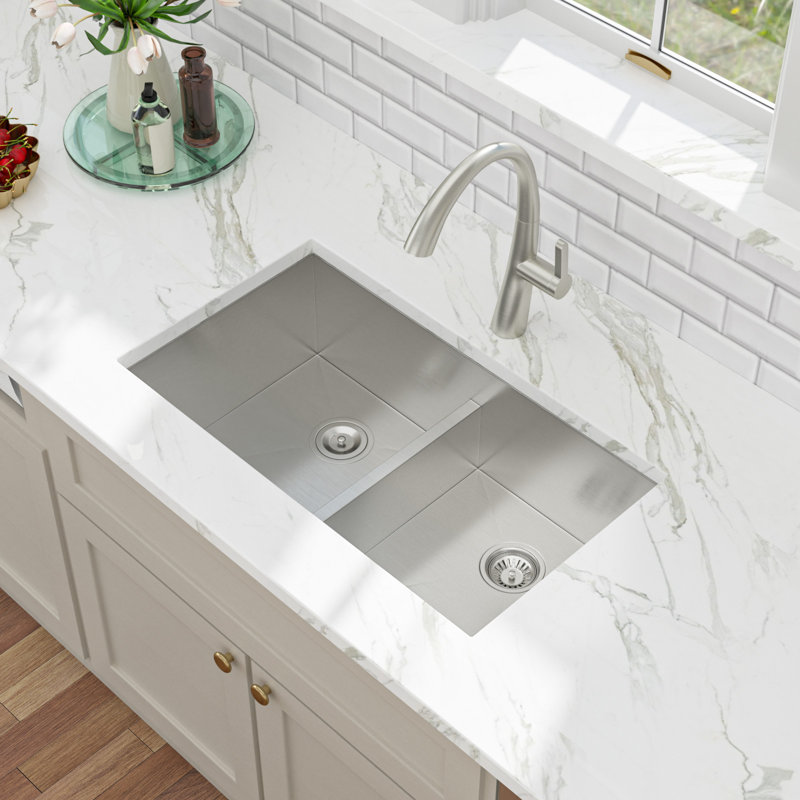 36" L x 19" W Stainless Steel Undermount 50/50 Double Bowl Kitchen Sink with Low Divider, Sink Grid, Strainer & Roll-Up Rack