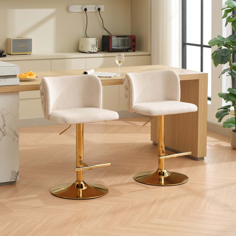 Jeneanne Upholstered Adjustable Height Counter Stool, Gold, Beige Velvet