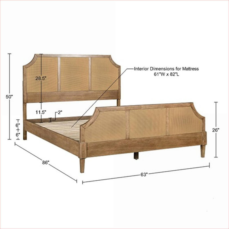Grand lit plateforme en bois de canne tissé grand format, aucun sommier requis, capacité de 500 lb, amande grillée pour la chambre principale