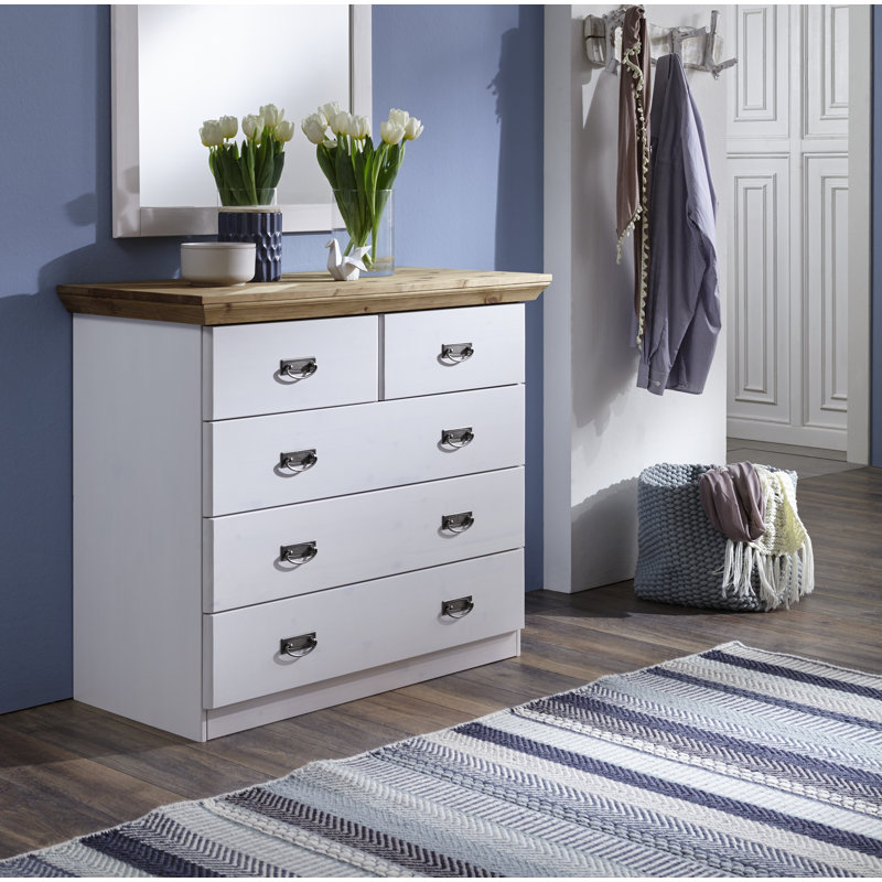 Castleford Solid Wood 105.7 cm W Chest of 5 Drawers, White/Leach-coloured