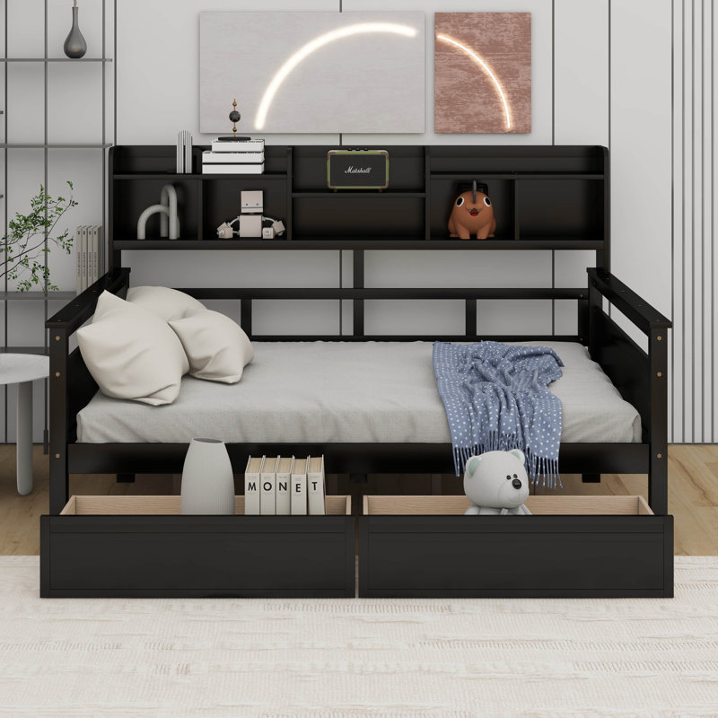 Daybed, Wood Slat Support, with Bedside Shelf and Two Drawers, Espresso, Full / Double