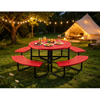 Table de pique-nique extérieure 46 po, plateau perforé en métal rouge et trou pour parasol 46 po pour le camping, l'école et la fête