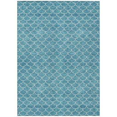 5' X 8' Teal Blue And Ivory Geometric Washable Indoor Outdoor Area Rug