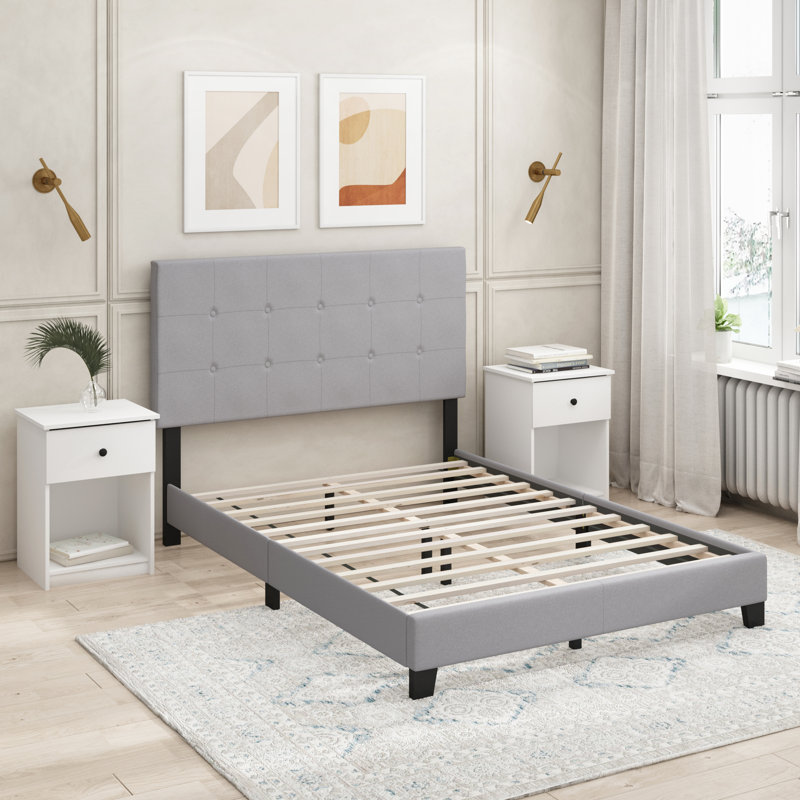 Lit plateforme tapissier Anding, Glacier, Double