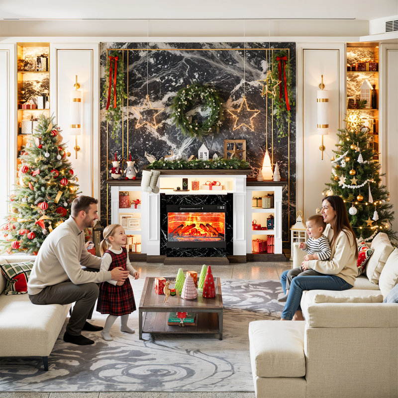 72" Electric Fireplace with Mantel and Cabinets, Fireplace TV Stand for TVs up to 80", LED Light & Power Outlet, 3-Side Glass Realistic Flame Insert Heater for Living Room Bedroom, white&brown