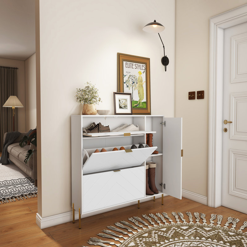 Armoire de rangement en MDF pour chaussures avec tiroirs et tablettes rabattables, Blanc / Blanc