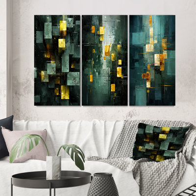Emerald Reflections Abstract Cubist - Ensemble de 3 peintures abstraites