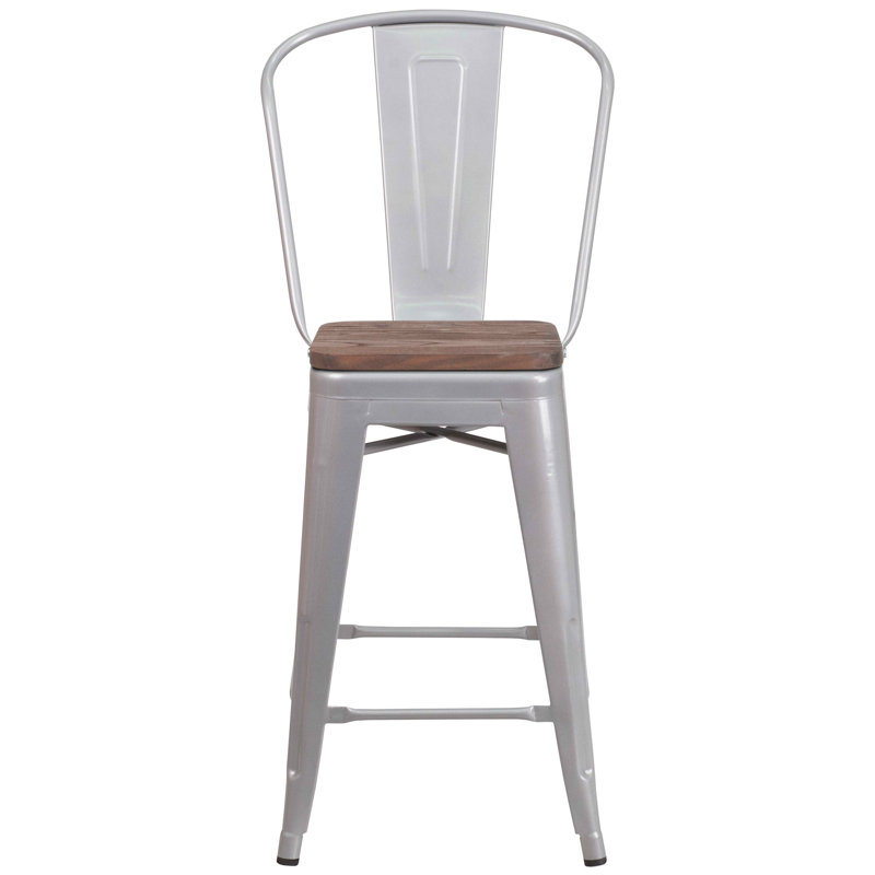 Tabouret de bar ou de comptoir en métal Marian avec dossier et siège en bois Marian, Argent, 1