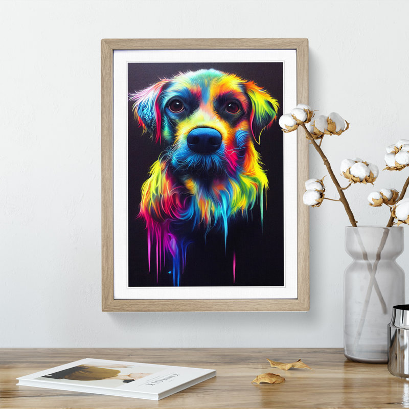 Neon Dog - Framed Print, 34cm H x 25cm W x 2cm D, Oak