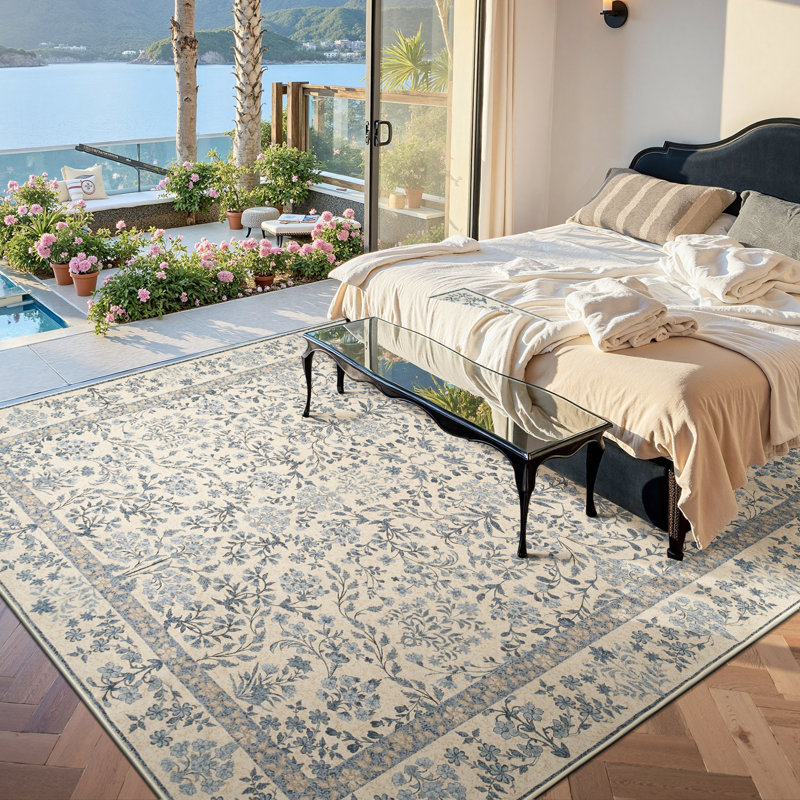 Floral Machine Washable Area Rug, Rectangle 8' x 10', Blue
