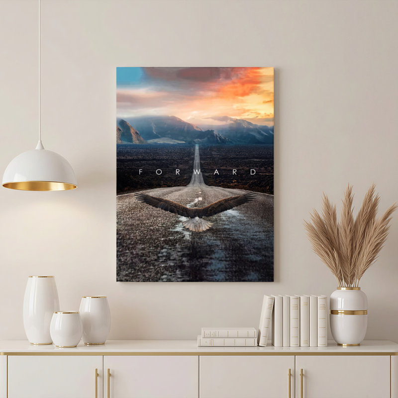 Ensemble de 1 tableau sur toile tendue représentant un aigle et un paysage routier, H 18 po x l 12 po