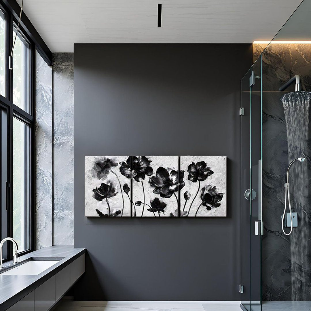 Abstract Flower Canvas Wall Art Modern Blue Grey Bathoom Bedroom Decor Floral Painting Artwork Framed (Blue)