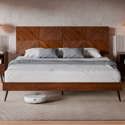 Rhombus Solid Rubber Wood King Platform Bed Frame with Geometric Headboard & Tapered Legs – Walnut