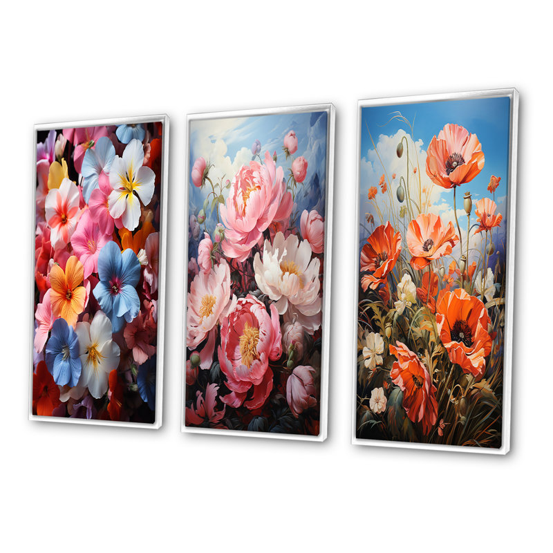 «Meadow Prairie Primrose», 3 pièces sur toile, H 28 po x l 36 po, Cadre blanc