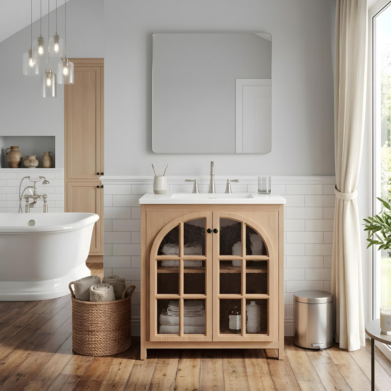 Meuble-lavabo de 30 po avec lavabo, portes à fermeture douce et tablettes réglables, Naturel antique