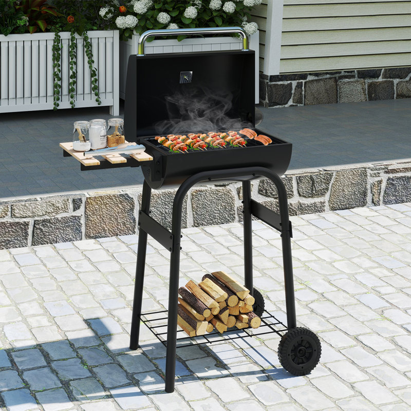 Barrel Charcoal Grill w/Foldable Side Table Built-in Thermometer & Storage Shelf