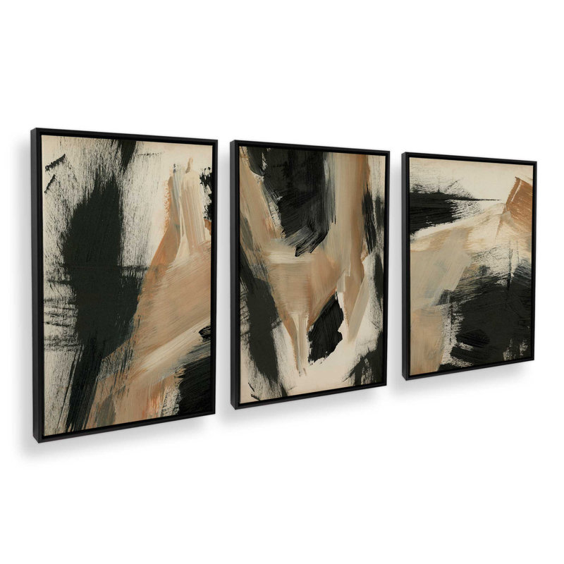 Ensemble de 3 échos brûlés ocre, H 37 po x l 75 po, Cadre flottant noir satiné