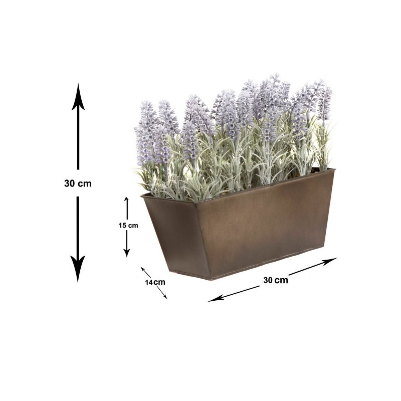 Lavender in Rustic Tin Planter (Window Box), Rustic Brown, 32.2cm H x 31.5cm W x 16.5cm D