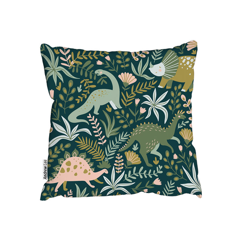 Hand Drawn Dinosaurs And Tropical Leaves And Flowers Indoor / Outdoor Floral Square Throw Cushion, 45cm H x 45cm W