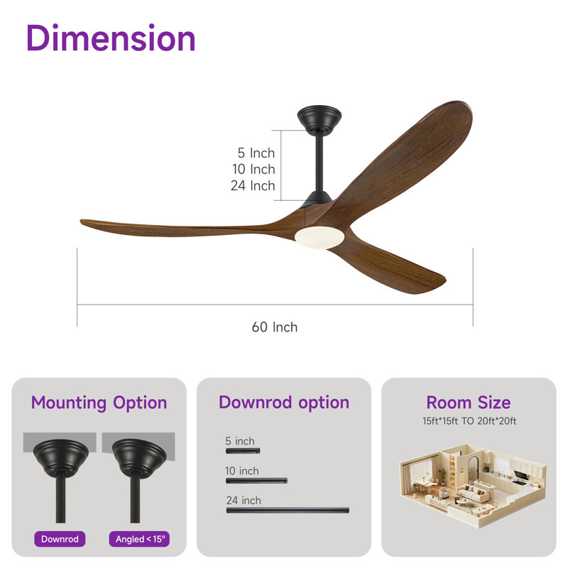 Ventilateur de plafond en bois massif à 3 pales avec lumière, ventilateur de ferme moderne, application intelligente et télécommande, moteur CC réversible silencieux, 6 vitesses, lumière DEL à intensité variable