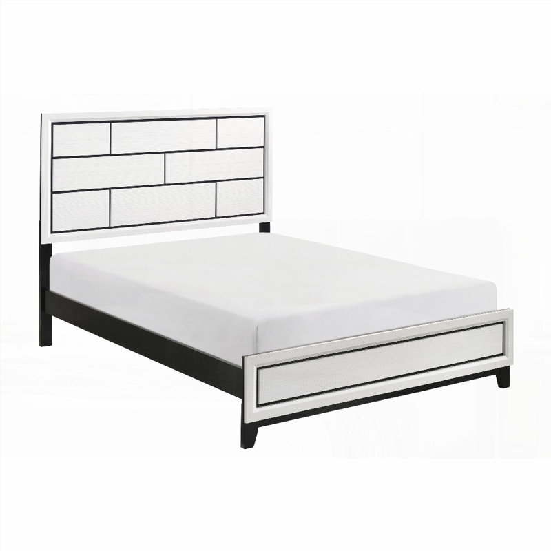 Cadre de grand lit moderne avec finition blanche et motif de lignes noires (aucun sommier requis, 57,5 po x 81 po x H 56,5 po)