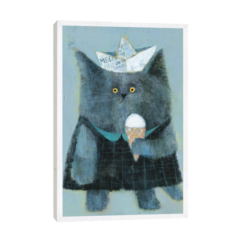The Cat With Paper Hat And Icecream by Natalia Shaloshvili - Painting on Canvas, White Framed