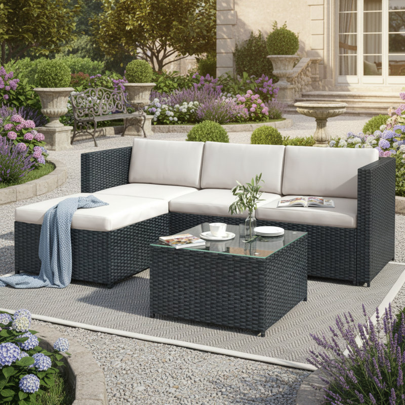4 - Person Seating Group With Cushions, Beige Cushion/Black Frame