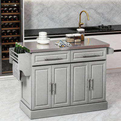 Îlot de cuisine sur roulettes gris avec 2 tiroirs, épices et rangement, porte-serviettes, comptoir en acier inoxydable pour découper les aliments, tablettes réglables dans les armoires, quatre glissières faciles, chariot à roulettes de 17,75 po de largeur