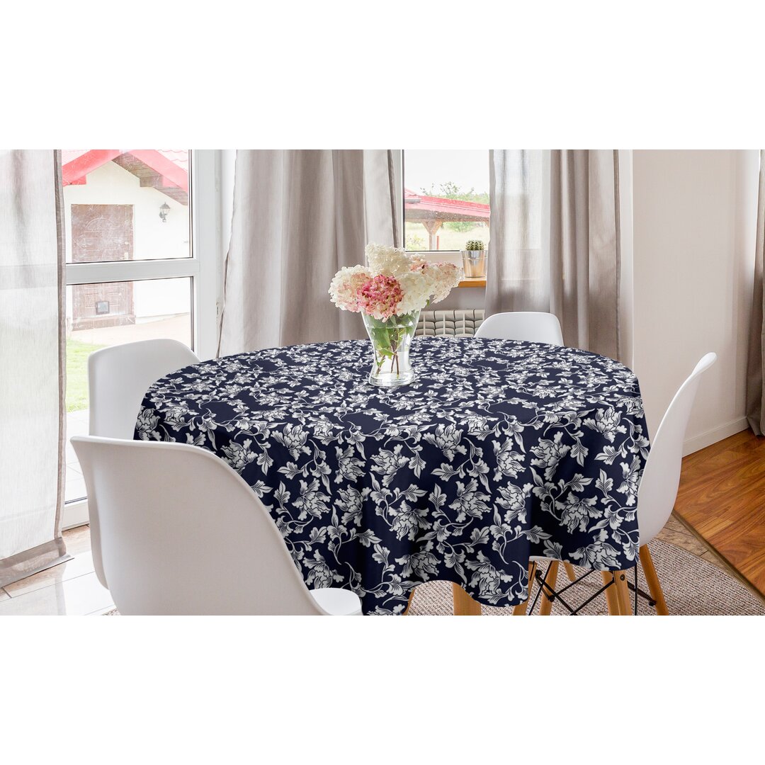 Runde Tischdecke, Floral Design-Botanic, Navy blau, Dunkelblau Weiß