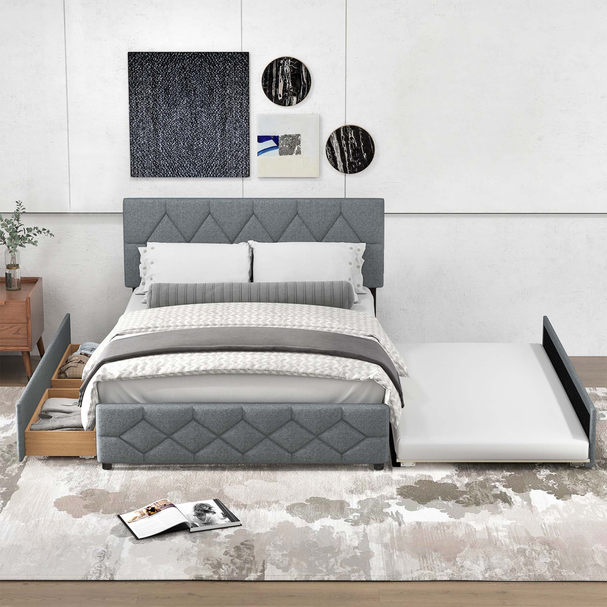 Ebern Designs Queen Upholstered Platform Bed With Twin Xl Trundle And 2