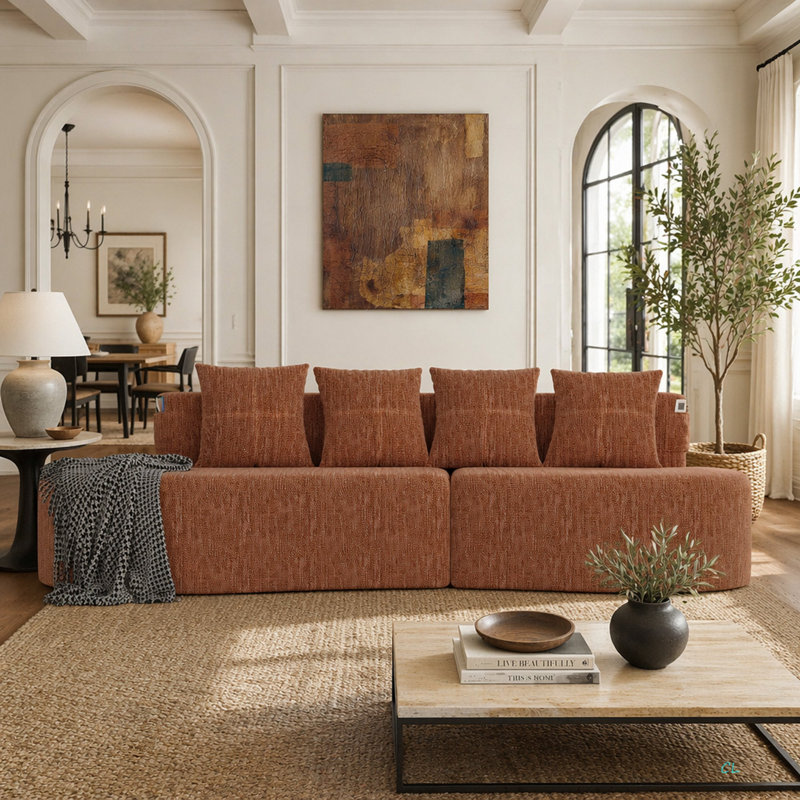 Canapé modulaire incurvé moderne 3 places, Orange Chenille, Orange