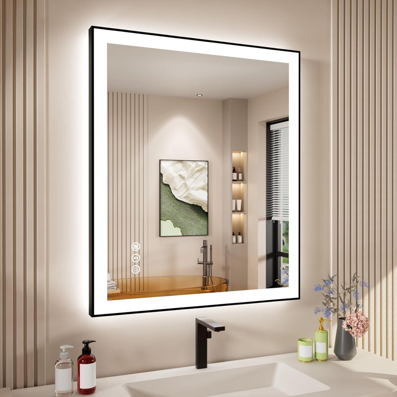 Miroir de salle de bain à DEL avec cadre noir, rétro-éclairé et miroirs de salle de bain éclairés, 36 po x 30 po