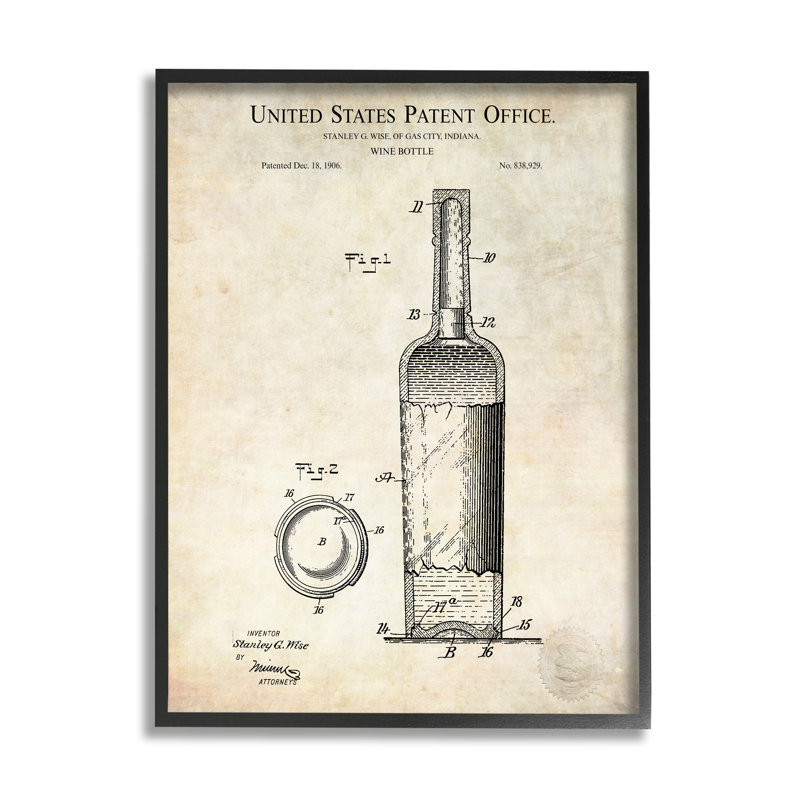 Schéma détaillé d'une bouteille de vin brevetée, Giclée encadrée noir minuit, L 11 po x H 11 po