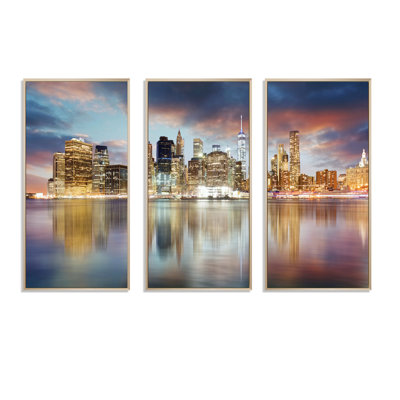 New York Skyline at Sunrise with Reflection. " New York Skyline at Sunrise with Reflection. " 3 Piece Art Mixed Media Print