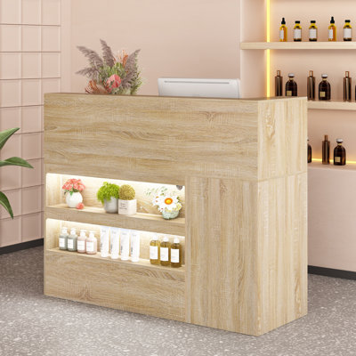 Bureau de réception avec lumières DEL, support d'affichage double couche, tiroir de table de réception en L avec serrure