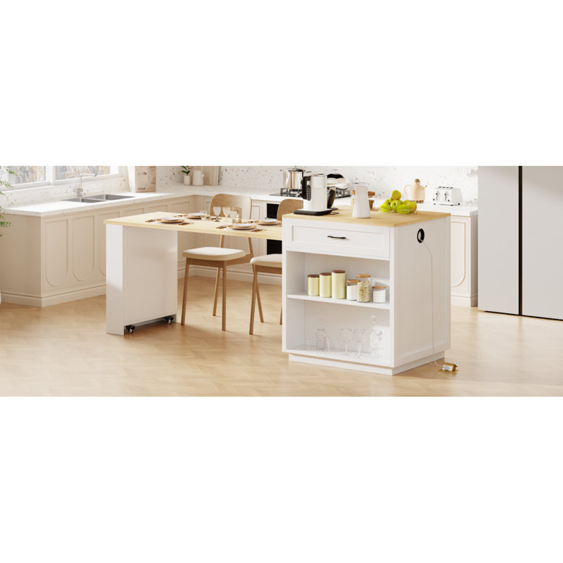 Îlot de cuisine avec table de salle à manger extensible pour 4 à 6 personnes, table de cuisine avec rangement double, prise de courant, îlot de cuisine avec rangement 2 tiroirs et 2 tablettes latérales ouvertes