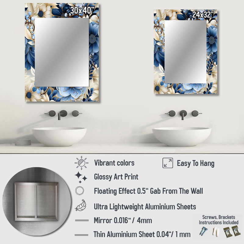 White And Blue Ranunculus Fauna Pattern - Floral Mirror Wall Decor, 32" x 24"