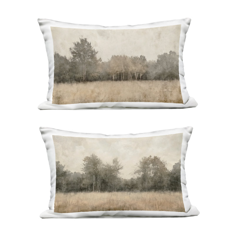 Woodland Watercolor Field 2 Piece Outdoor Printed Pillow Set design by Mona Grace, Rectangle 14"H x 20"W, Beige Field