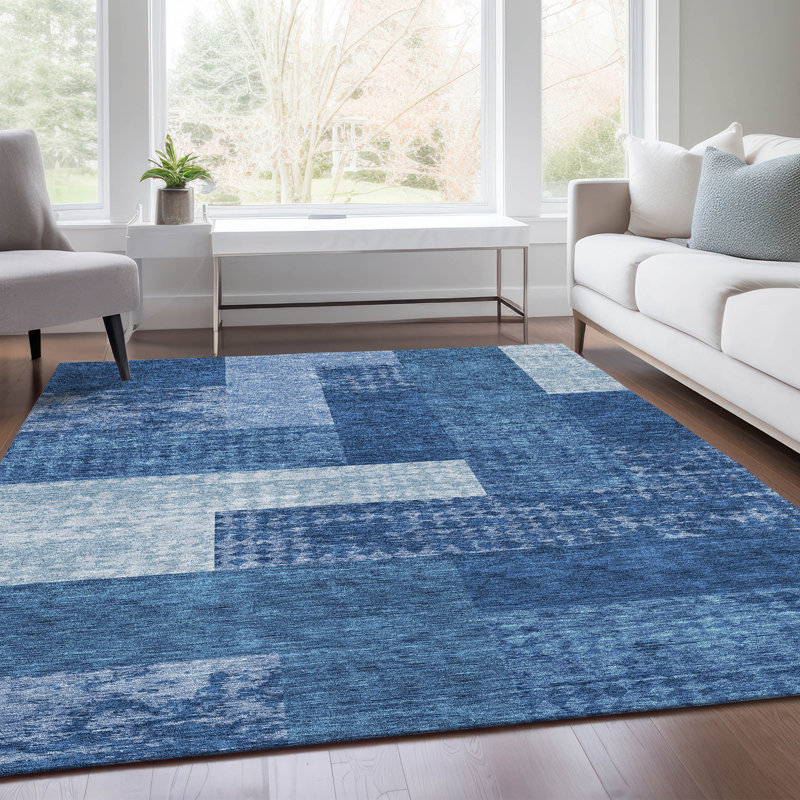 Tapis bleu marine de qualité supérieure lavable à la machine Prisco, Rectangle 10 pi x 14 pi