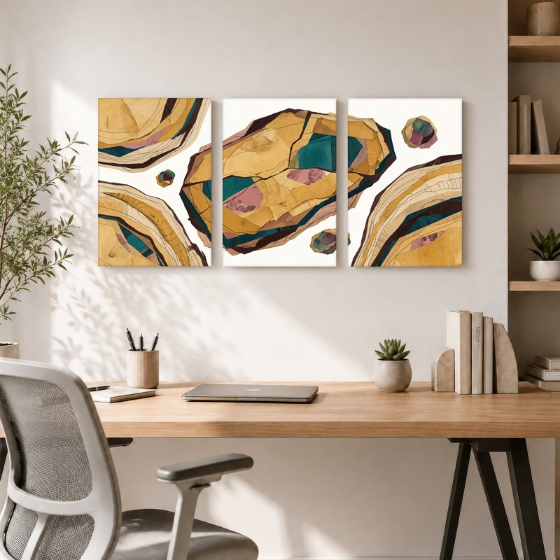 «Abstract Geode Rock Shapes in Teal and Pink Collage», ensemble de 3 toiles murales, H 24 po x l 16 po x 3 pièces