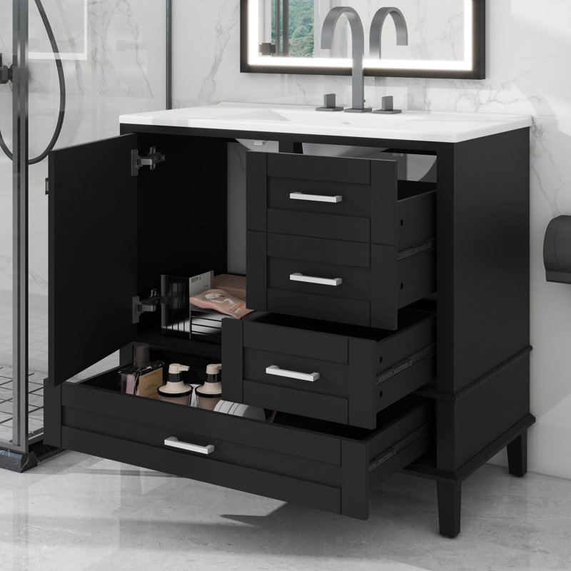 Meuble-lavabo moderne 36 po avec 1 porte à fermeture douce et 3 tiroirs, armoire de rangement moderne, Noir