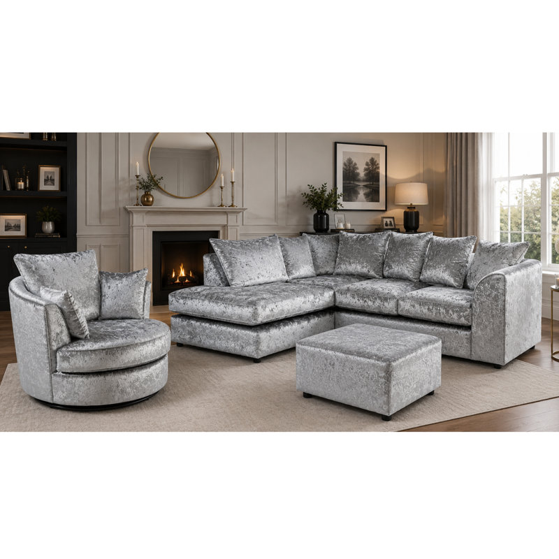 4 Seater Velvet Sofa & Chaise, Silver