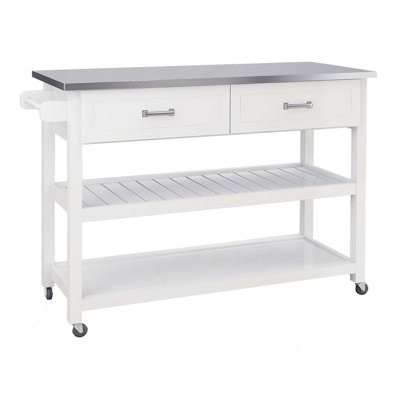 Stainless Steel Table Top White Kicthen Cart With Two Drawers