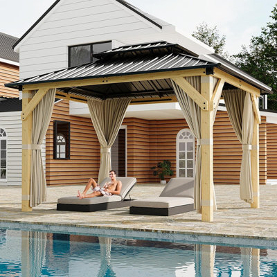 Pavillon de jardin en bois 10 pi x 12 pi avec structure en épinette massif, double toit en aluminium et filet
