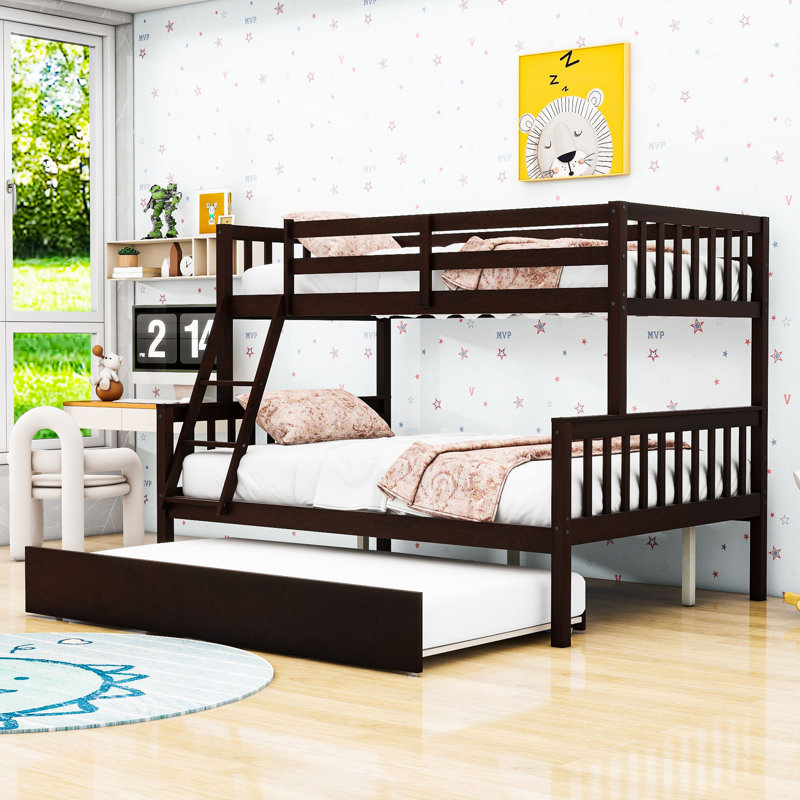Lit superposé simple au-dessus de double en bois avec lit gigogne Kelyn, Espresso