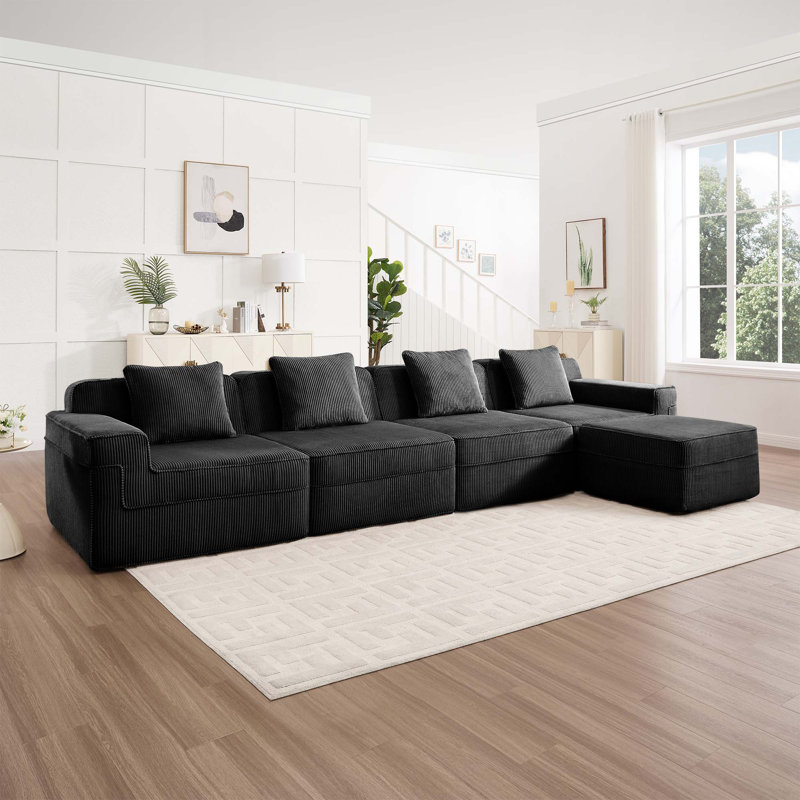 Canapé moderne en velours côtelé à 4 places avec 4 coussins décoratifs et 1 repose-pieds mobile Modern, Noir