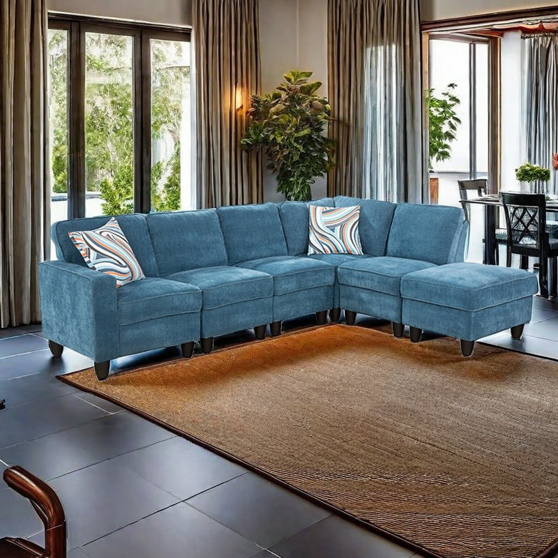 Khadijia Upholstered L-Shaped Sectional, Blue  Linen